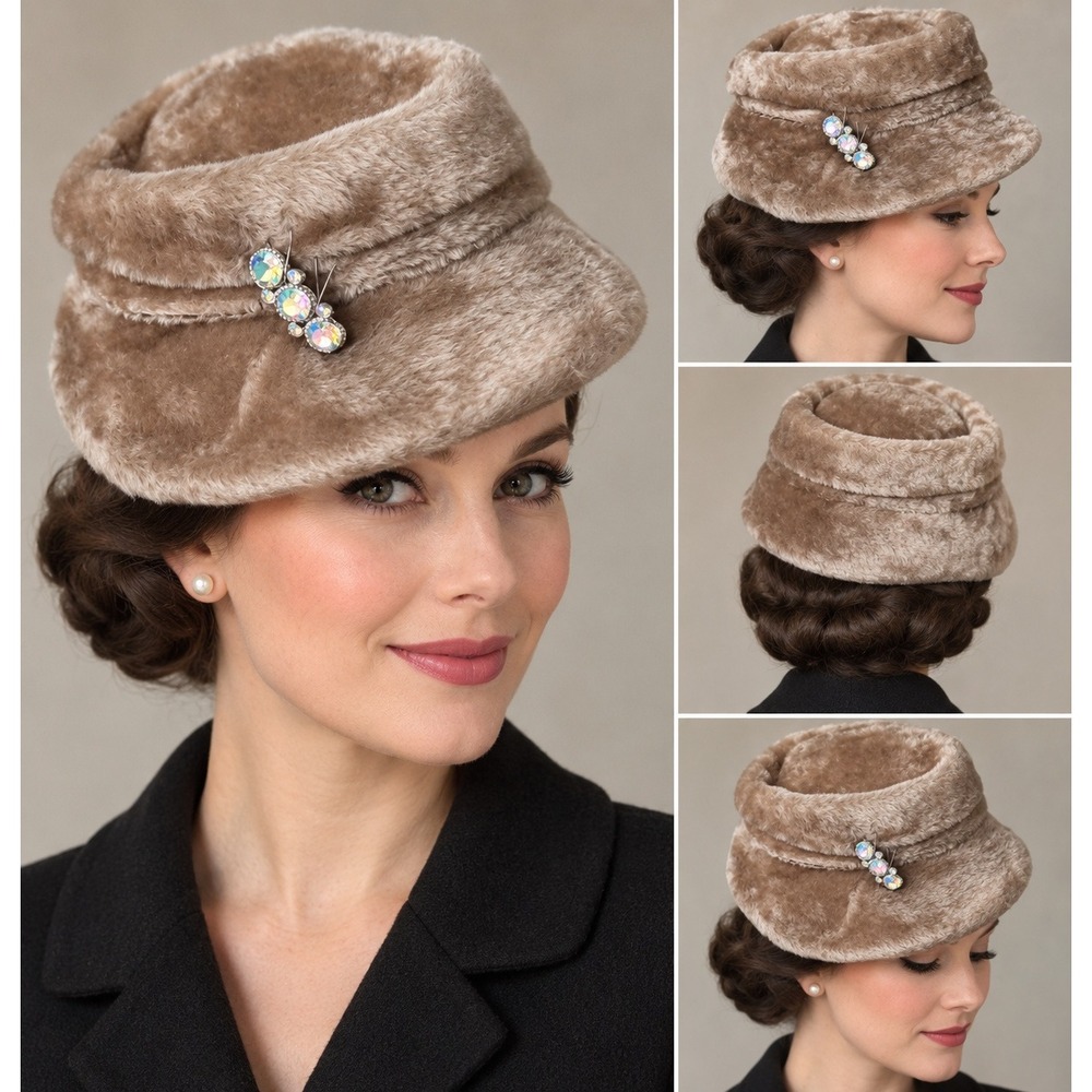 Vintage 1960s Juli-Kay Chicago Faux Fur Pillbox Hat Tan Aurora Borealis Jewel